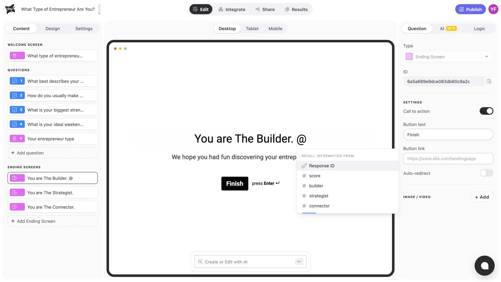 The mention menu open on an ending screen, listing score and the profile variables