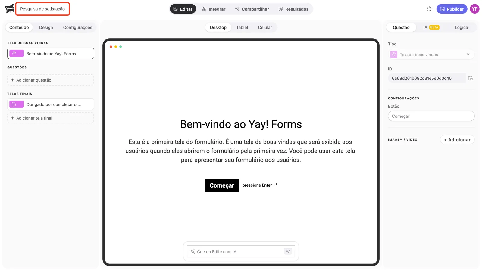 O nome do formulário em destaque no topo do editor