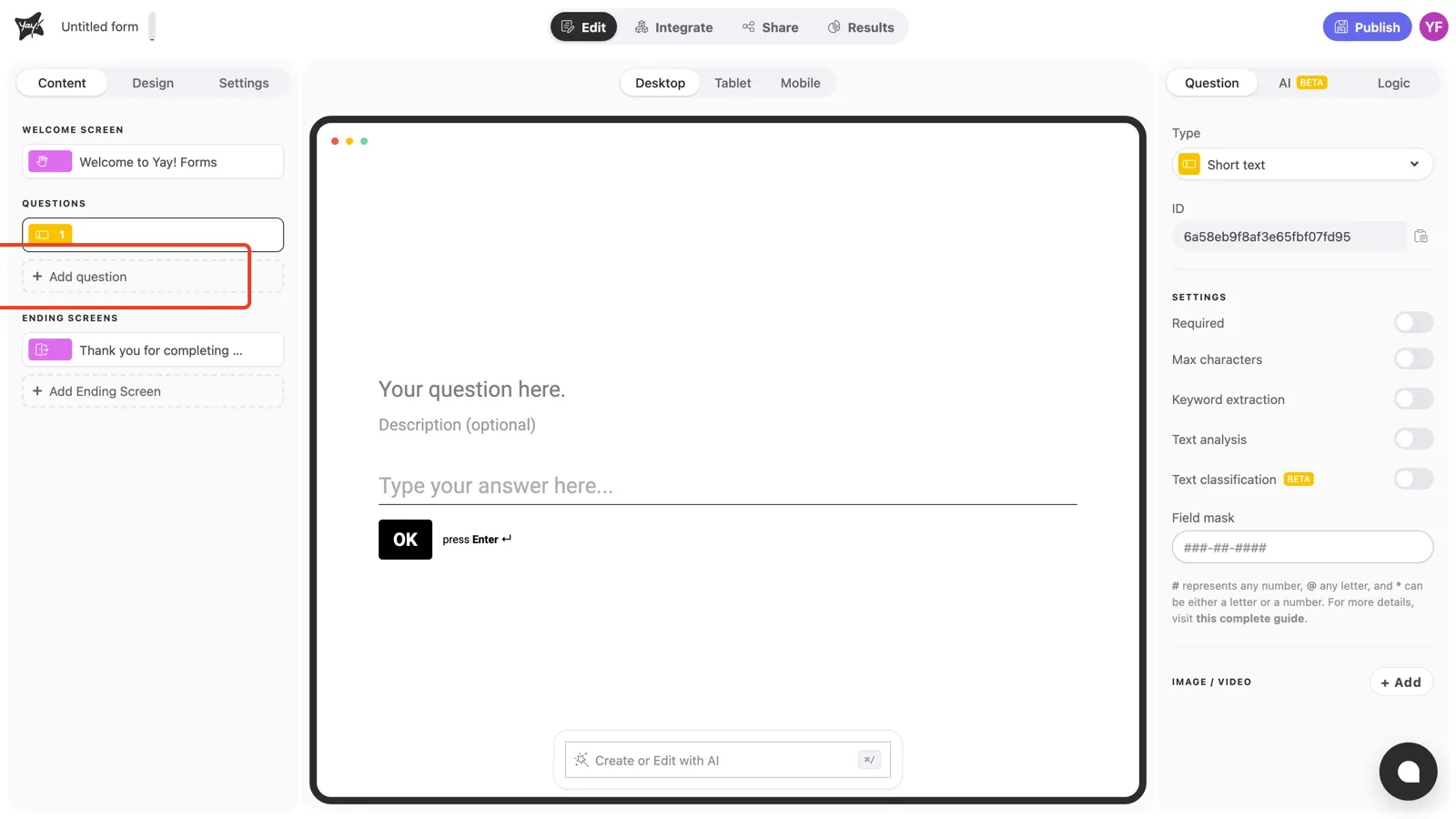 The Add question button highlighted in the left sidebar
