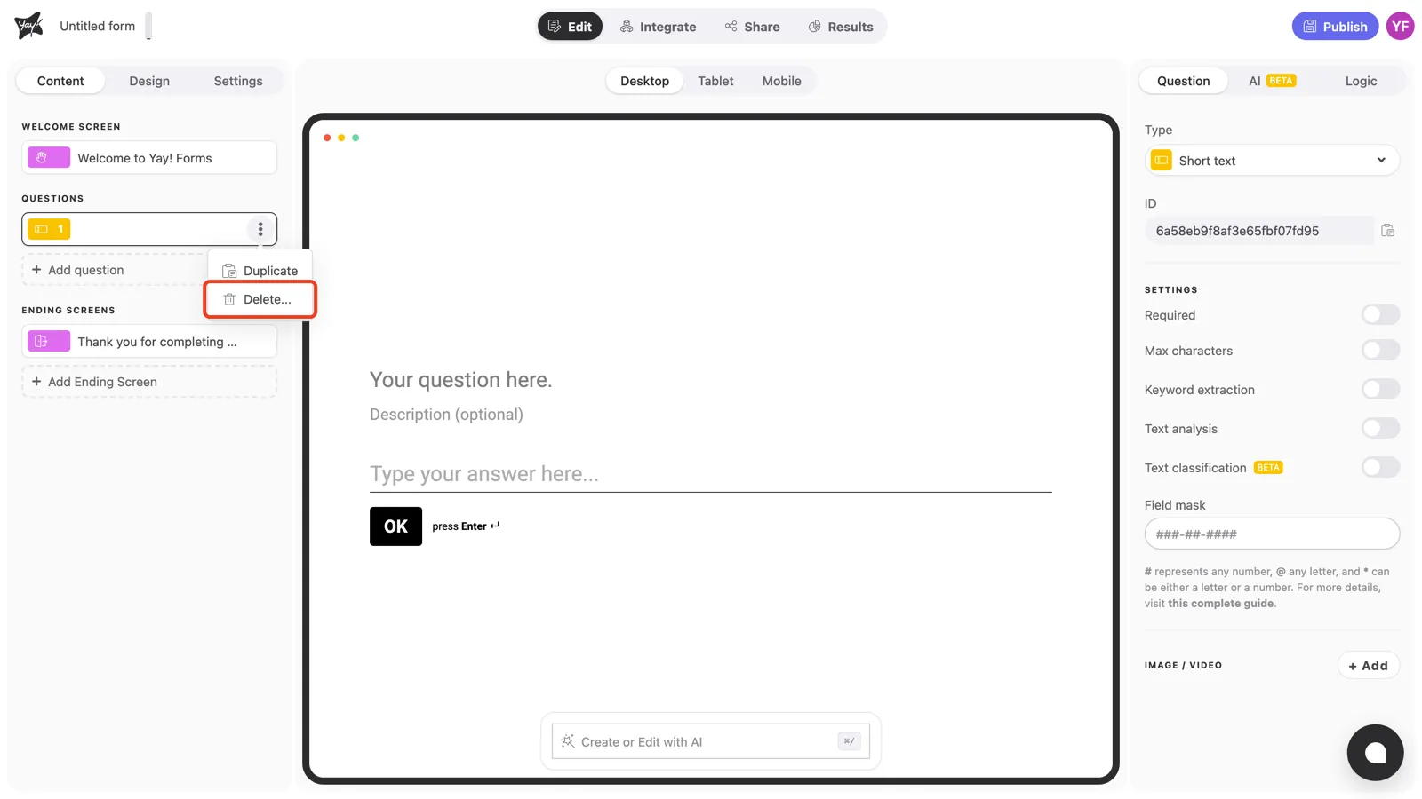 The Delete option highlighted in the question menu