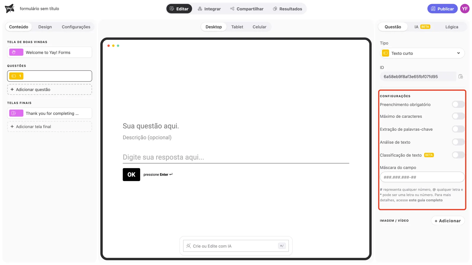 A seção Configurações do painel da pergunta em destaque