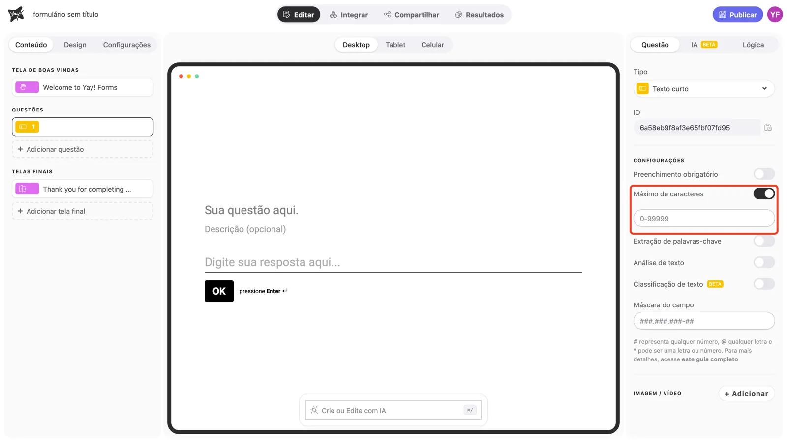 O toggle Máximo de caracteres ativado, com o campo de limite abaixo