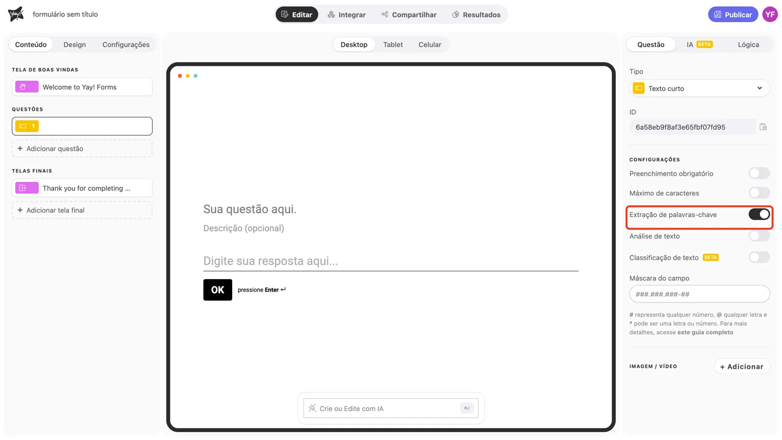 O toggle Extração de palavras-chave ativado nas configurações da pergunta