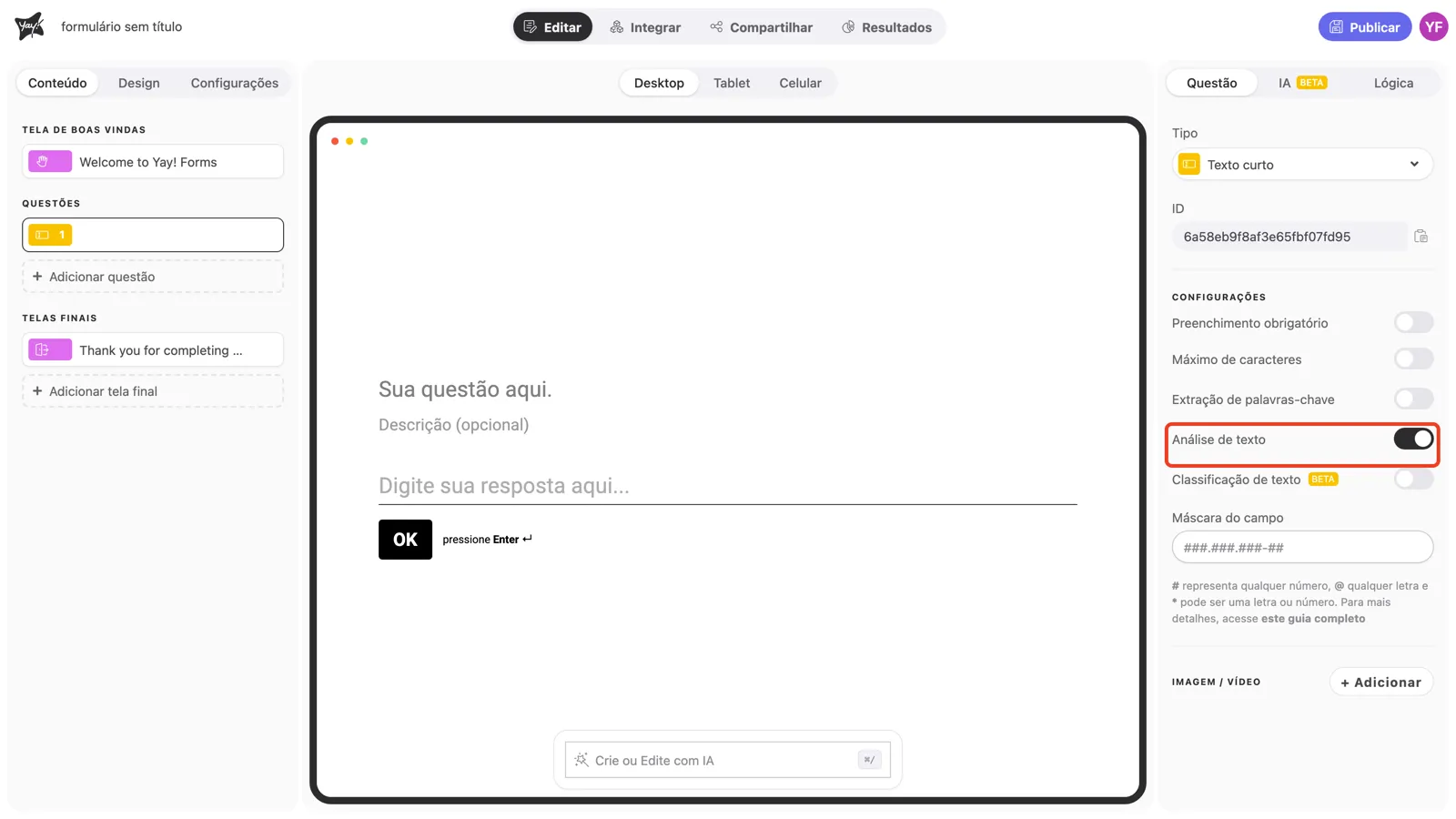 O toggle Análise de texto ativado nas configurações da pergunta