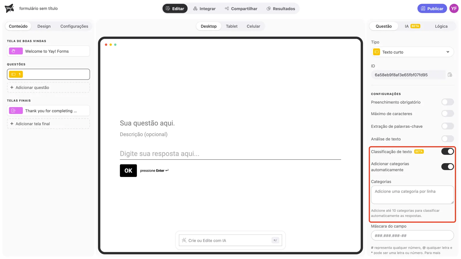 O toggle Classificação de texto ativado, com Adicionar categorias automaticamente e a caixa Categorias