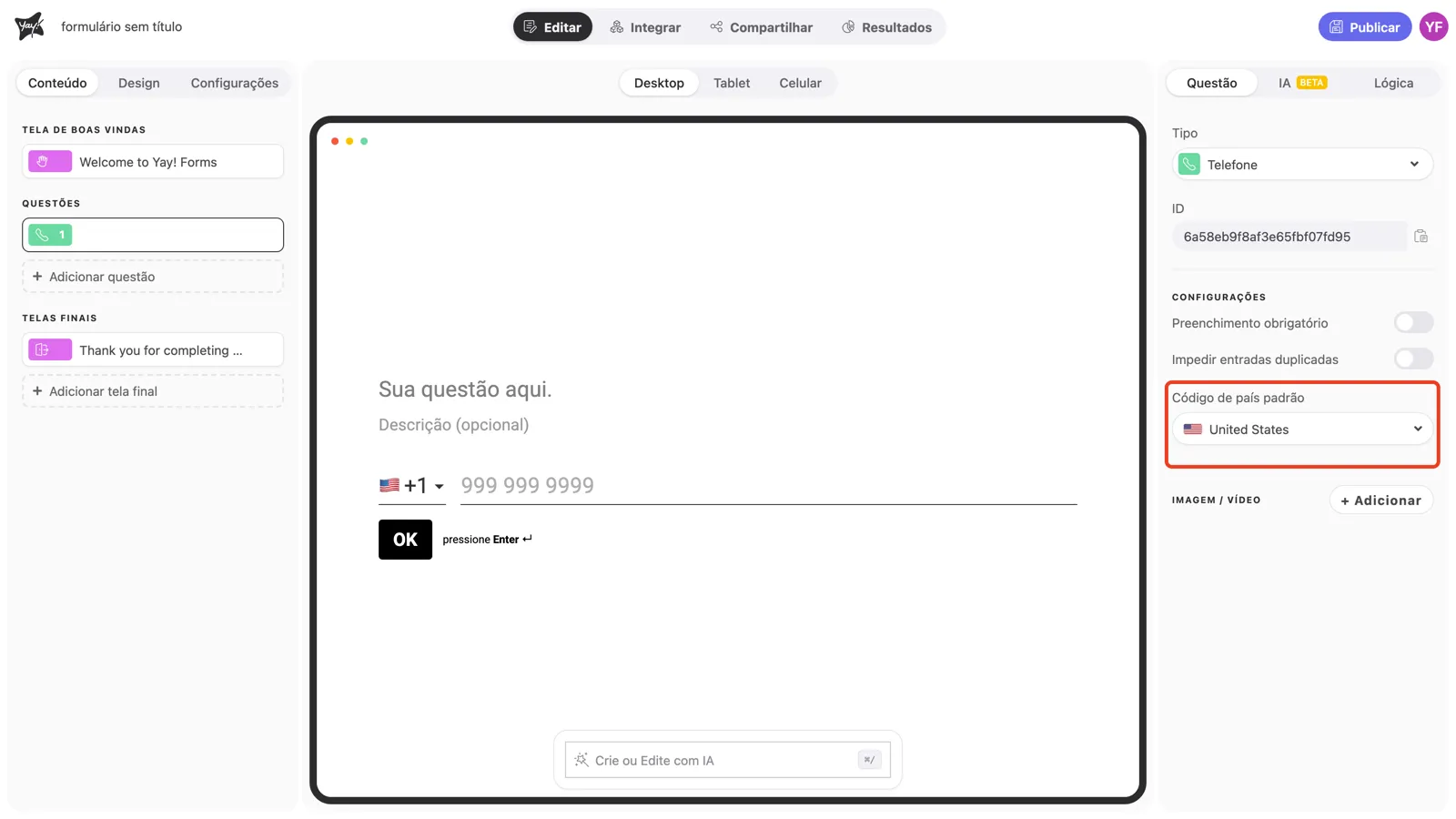 A configuração Código de país padrão em destaque nas configurações da pergunta
