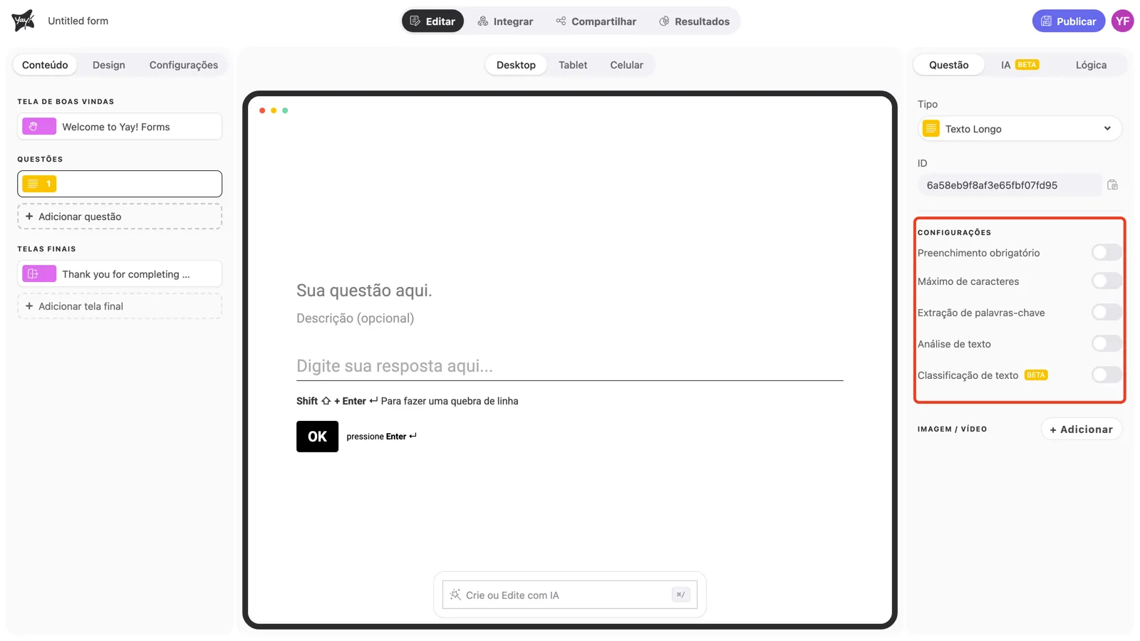 A seção Configurações do painel da pergunta em destaque