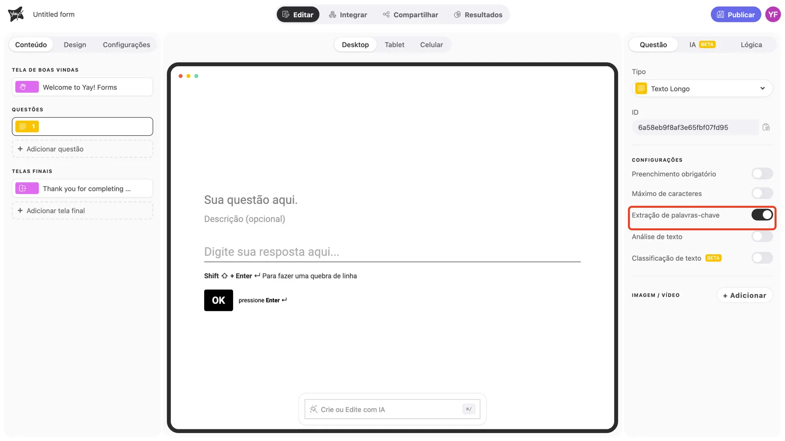 O toggle Extração de palavras-chave ativado nas configurações da pergunta