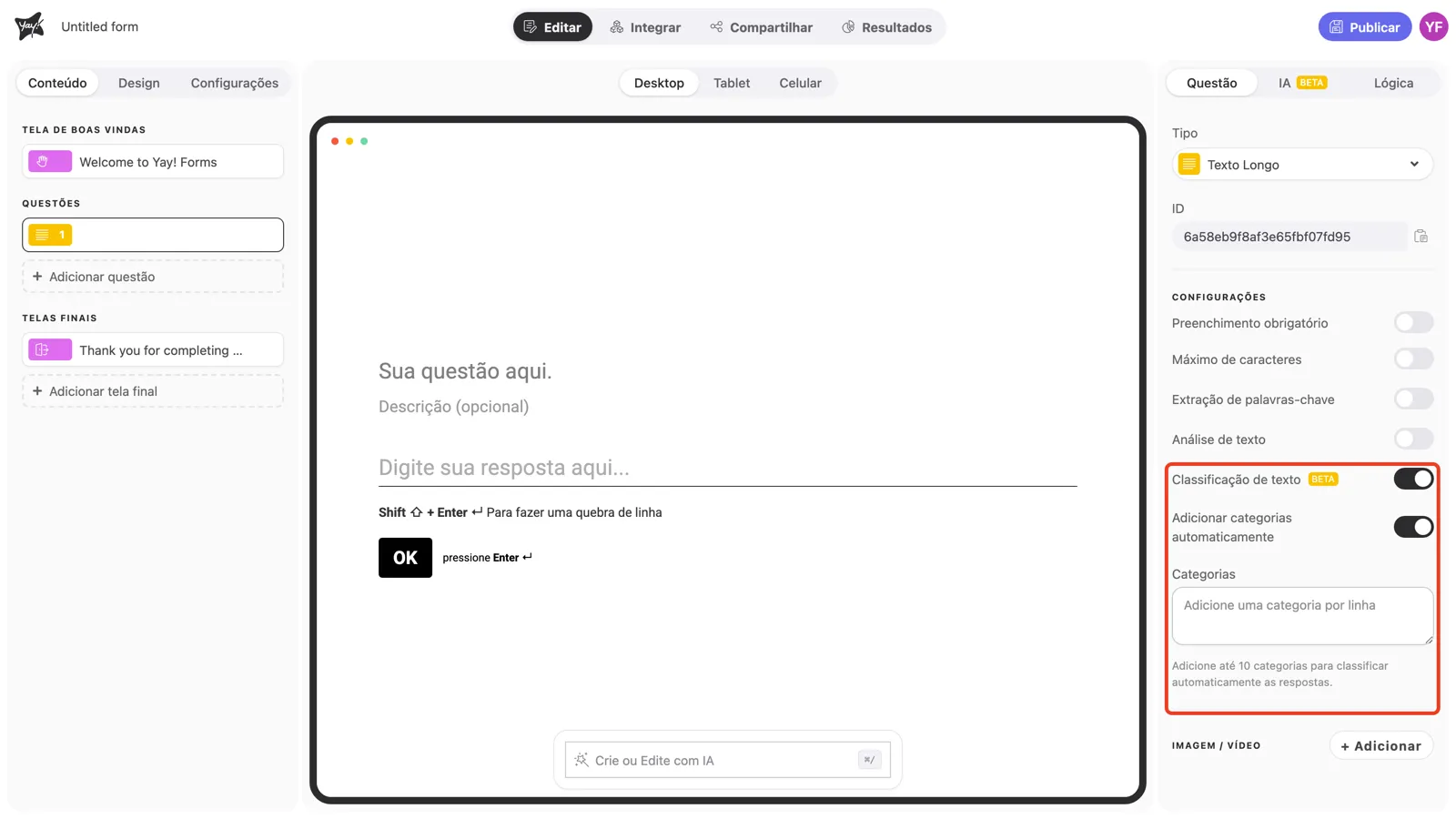 O toggle Classificação de texto ativado, com Adicionar categorias automaticamente e a caixa Categorias