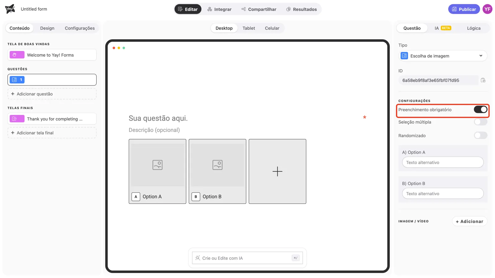 O toggle Preenchimento obrigatório ativado nas configurações da pergunta