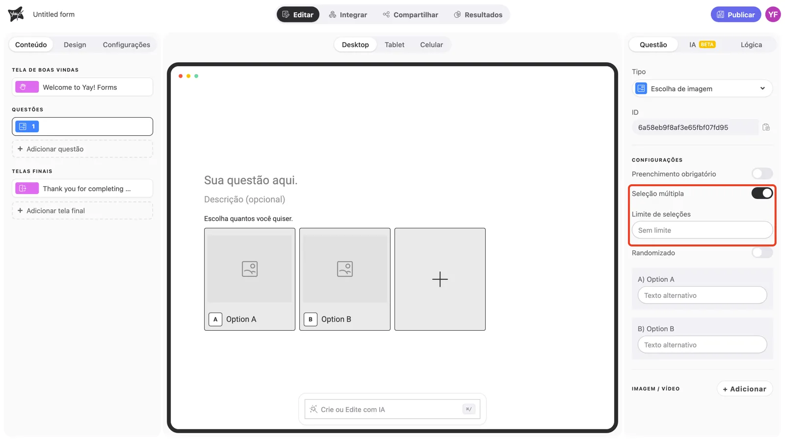 O toggle Seleção múltipla ativado, com o campo Limite de seleções abaixo