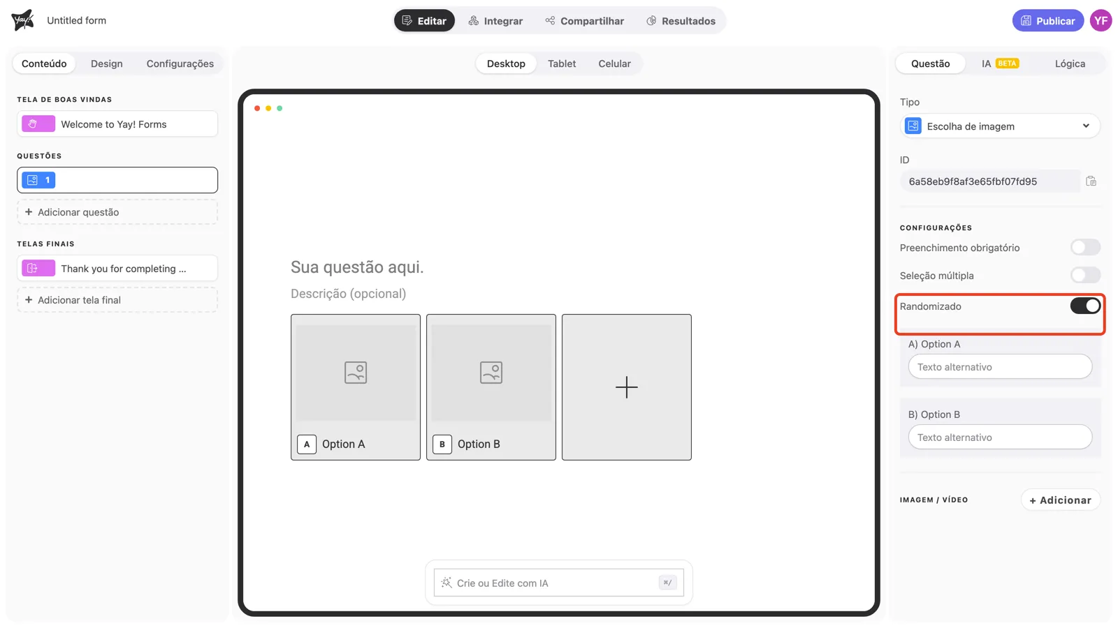 O toggle Randomizado ativado nas configurações da pergunta