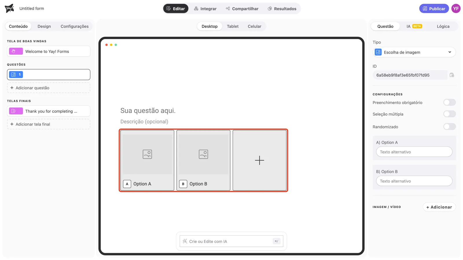 Os cartões de opção e o cartão de adicionar em destaque no canvas