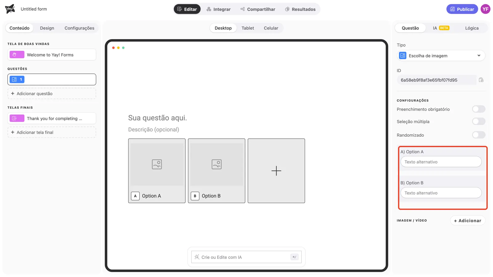 Os blocos de opção com os campos Texto alternativo em destaque no painel