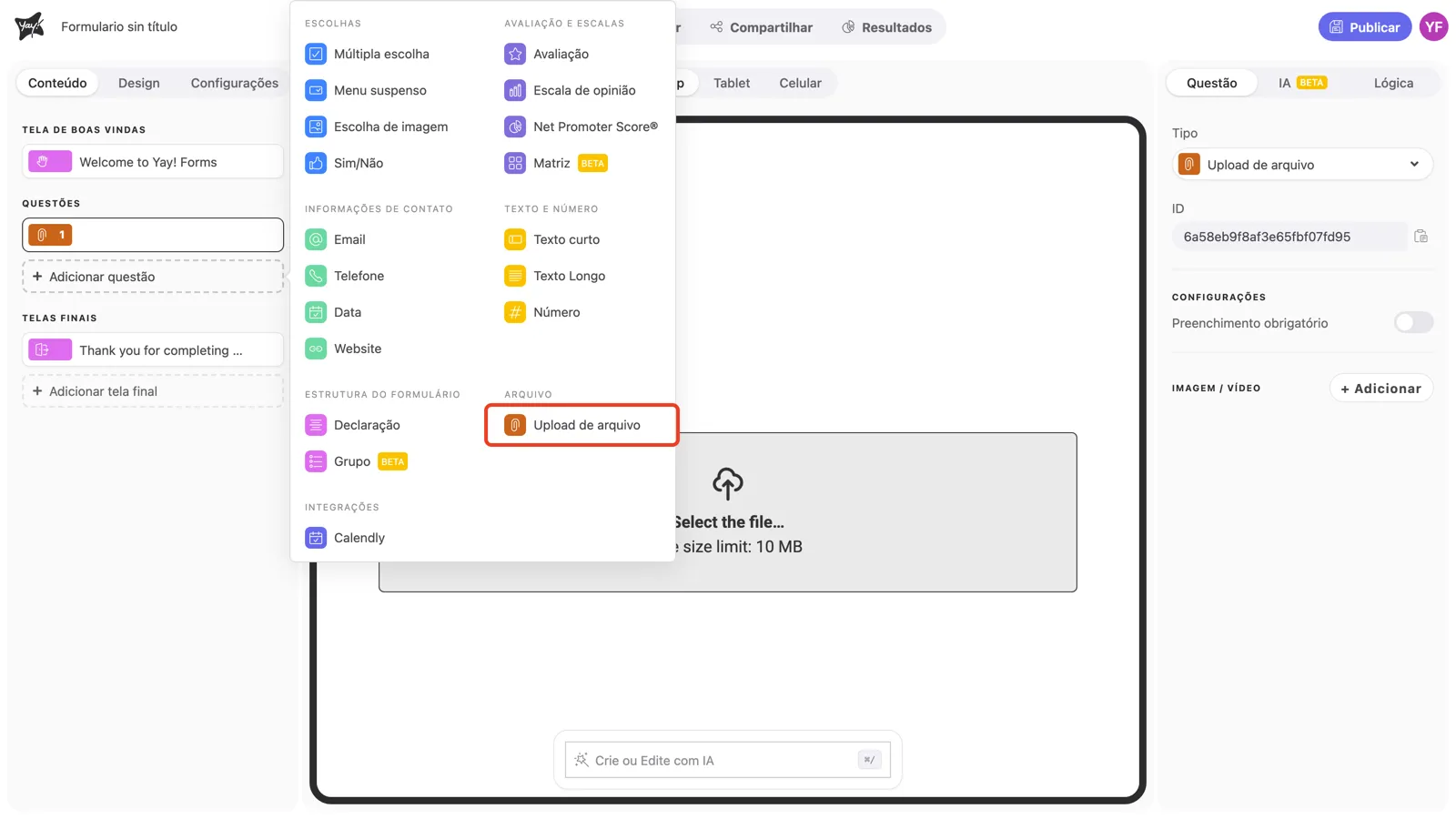 O menu de tipos de pergunta com Upload de arquivo em destaque