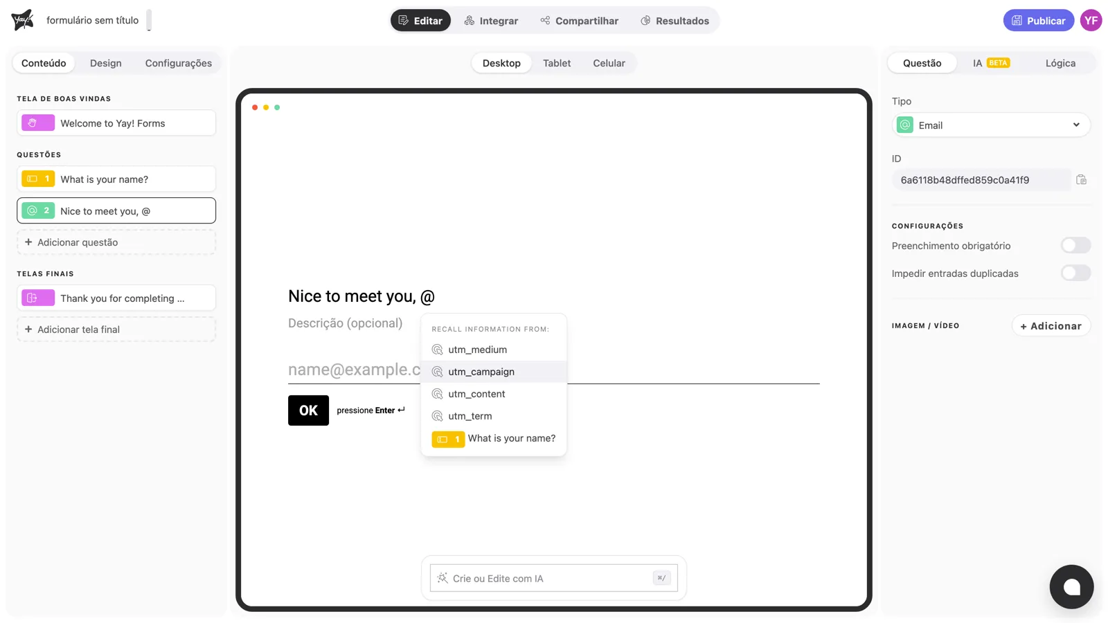 O menu de variáveis aberto após digitar @ no título "Nice to meet you", mostrando os parâmetros UTM e a pergunta anterior "What is your name?"