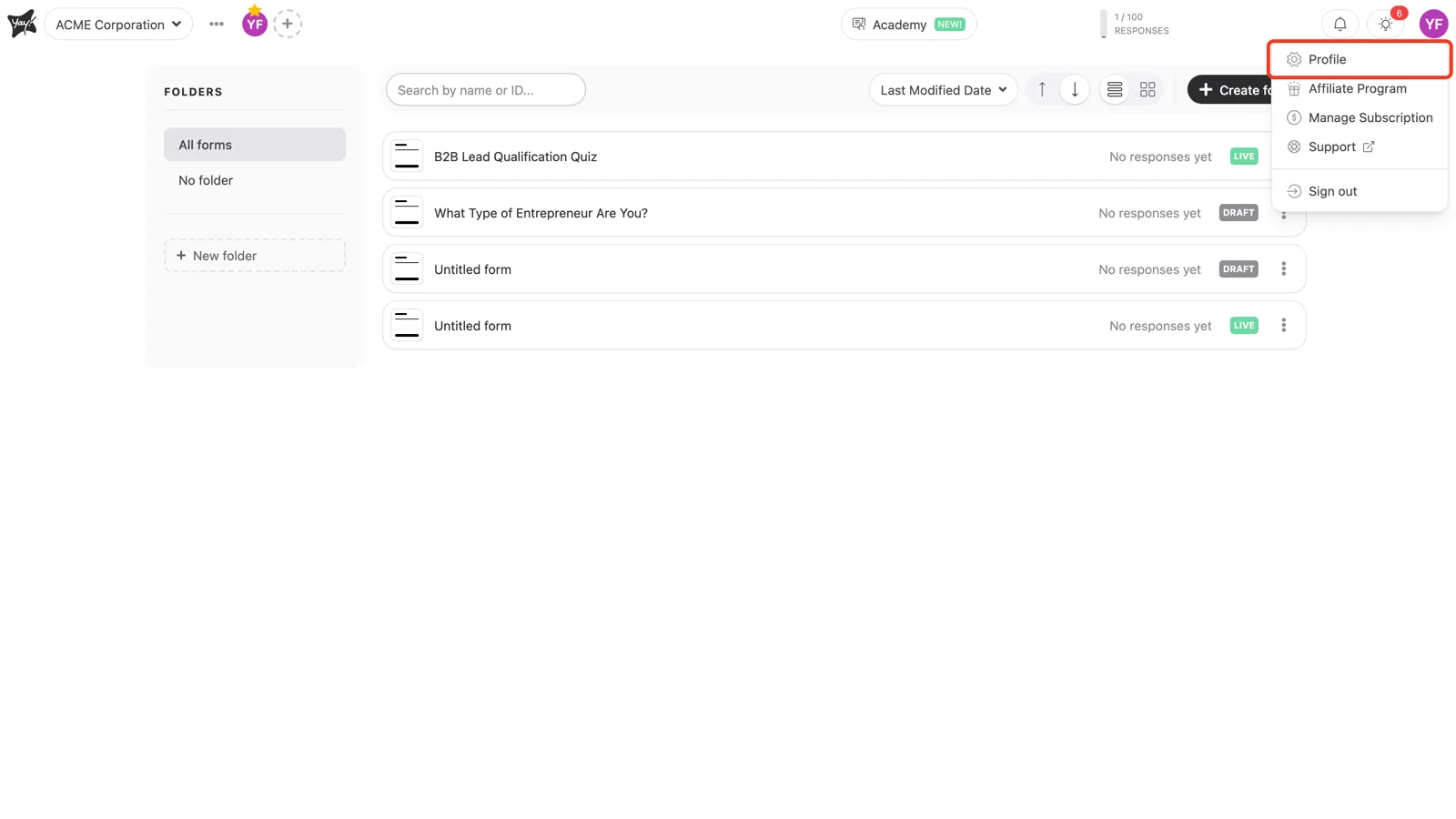 The account menu with Profile selected