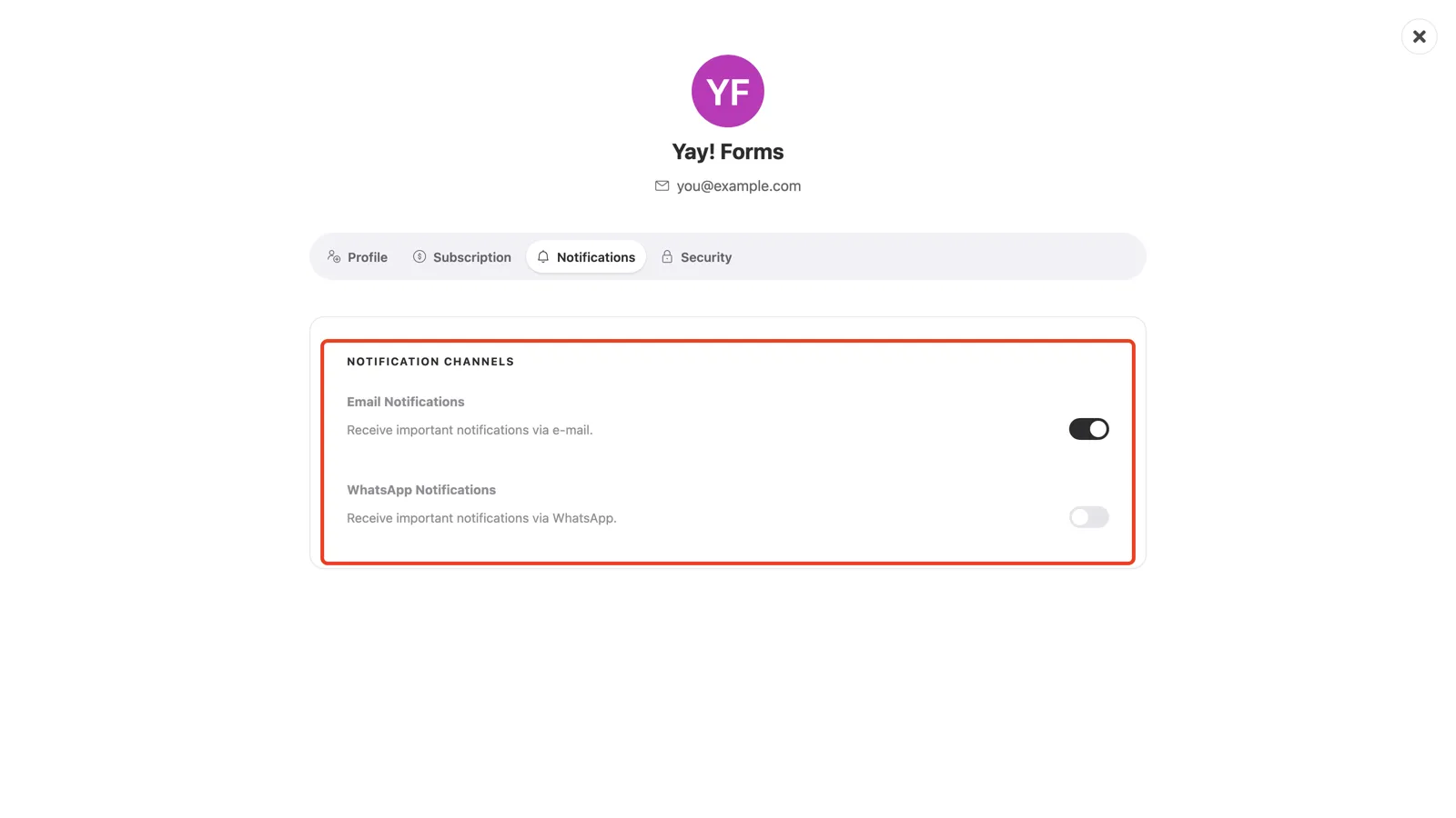 The Notification Channels section with the email and WhatsApp switches