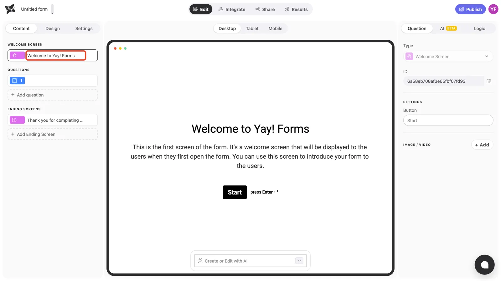 The welcome screen entry highlighted in the left sidebar