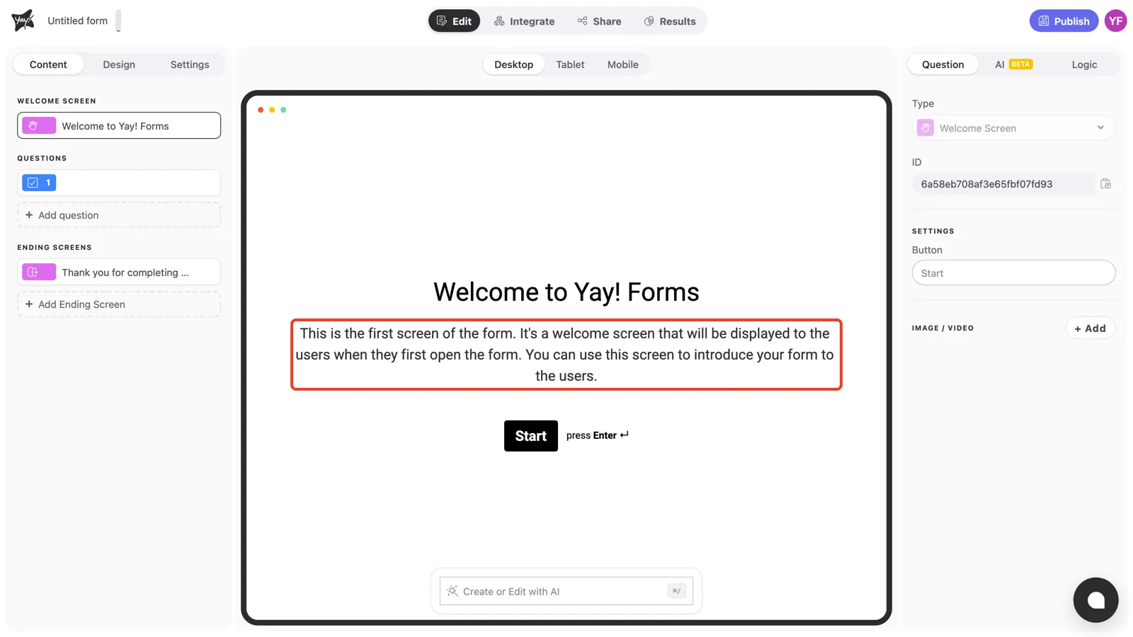 The welcome screen description highlighted in the canvas