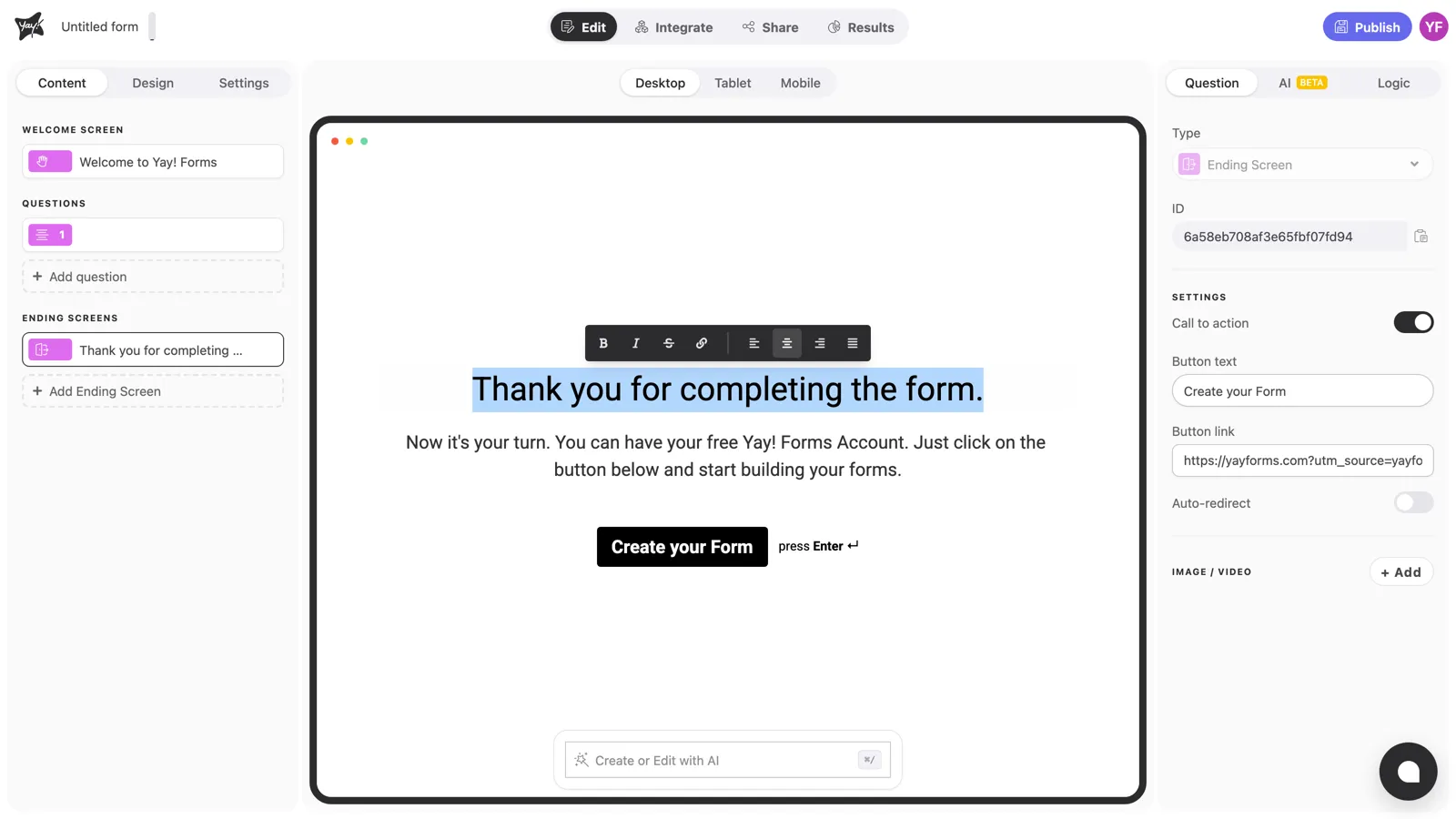 The formatting toolbar shown over selected ending screen text