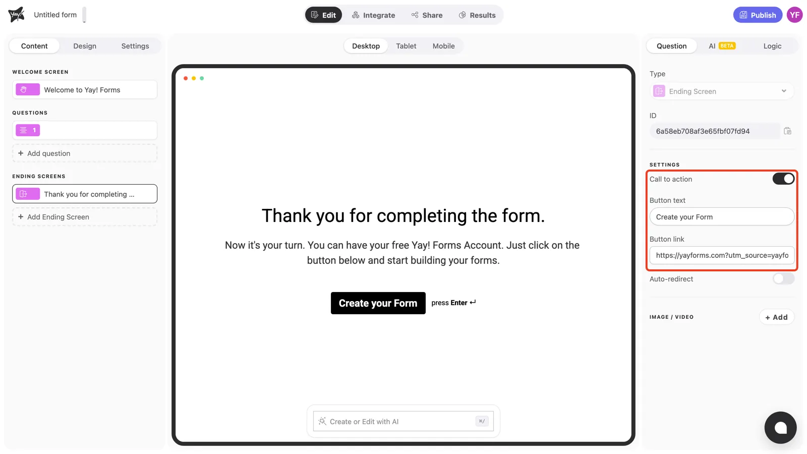 The Call to action, Button text, and Button link settings highlighted