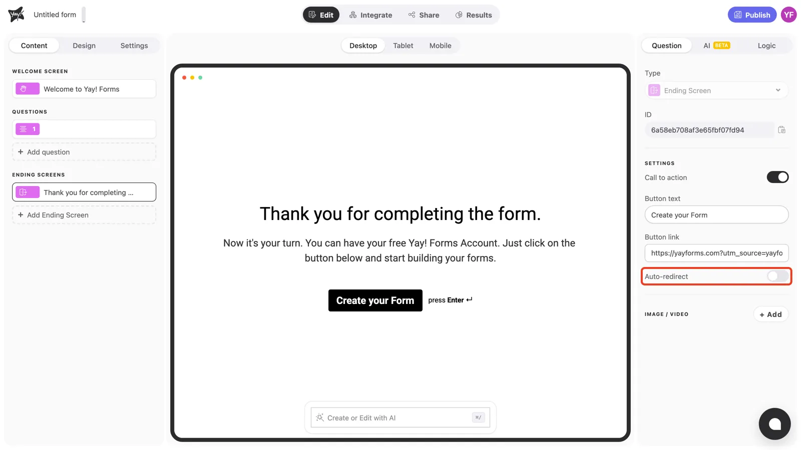 The Auto-redirect toggle in the ending screen settings