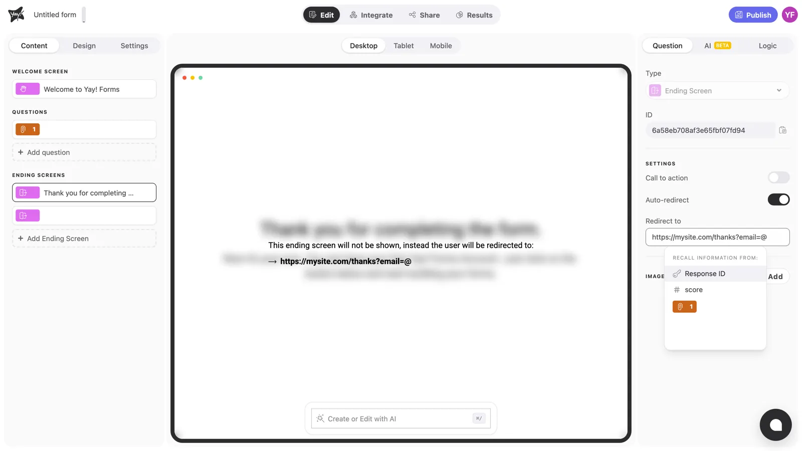 The mention menu open inside the Redirect to field