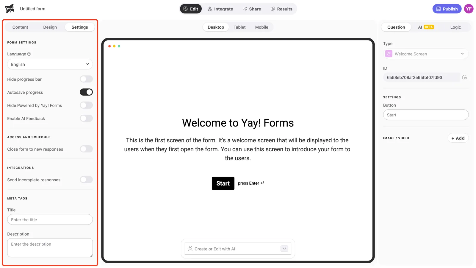 The form Settings panel, with language, badge, form closing, and AI options