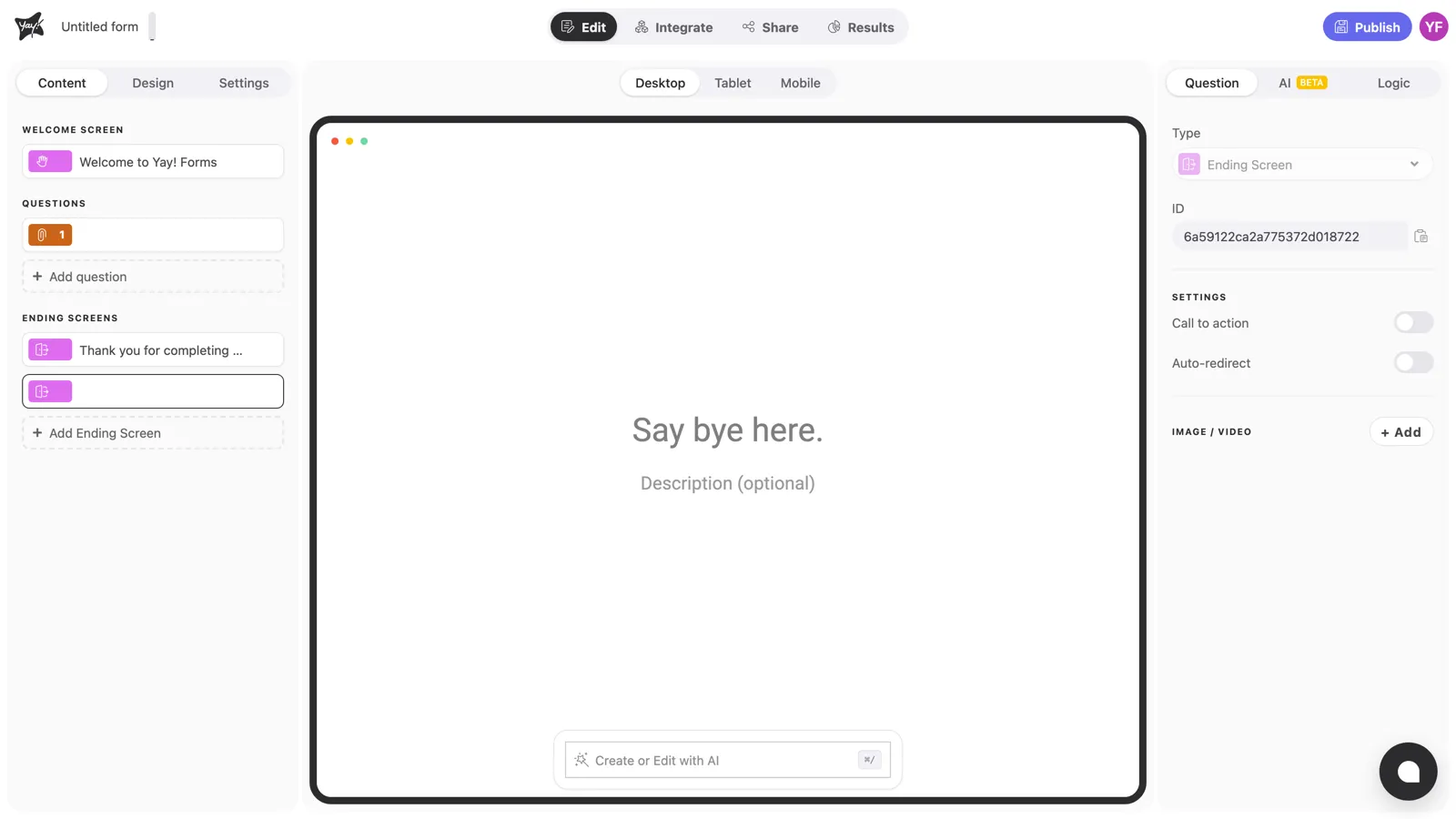 The second ending screen selected, with its own settings panel