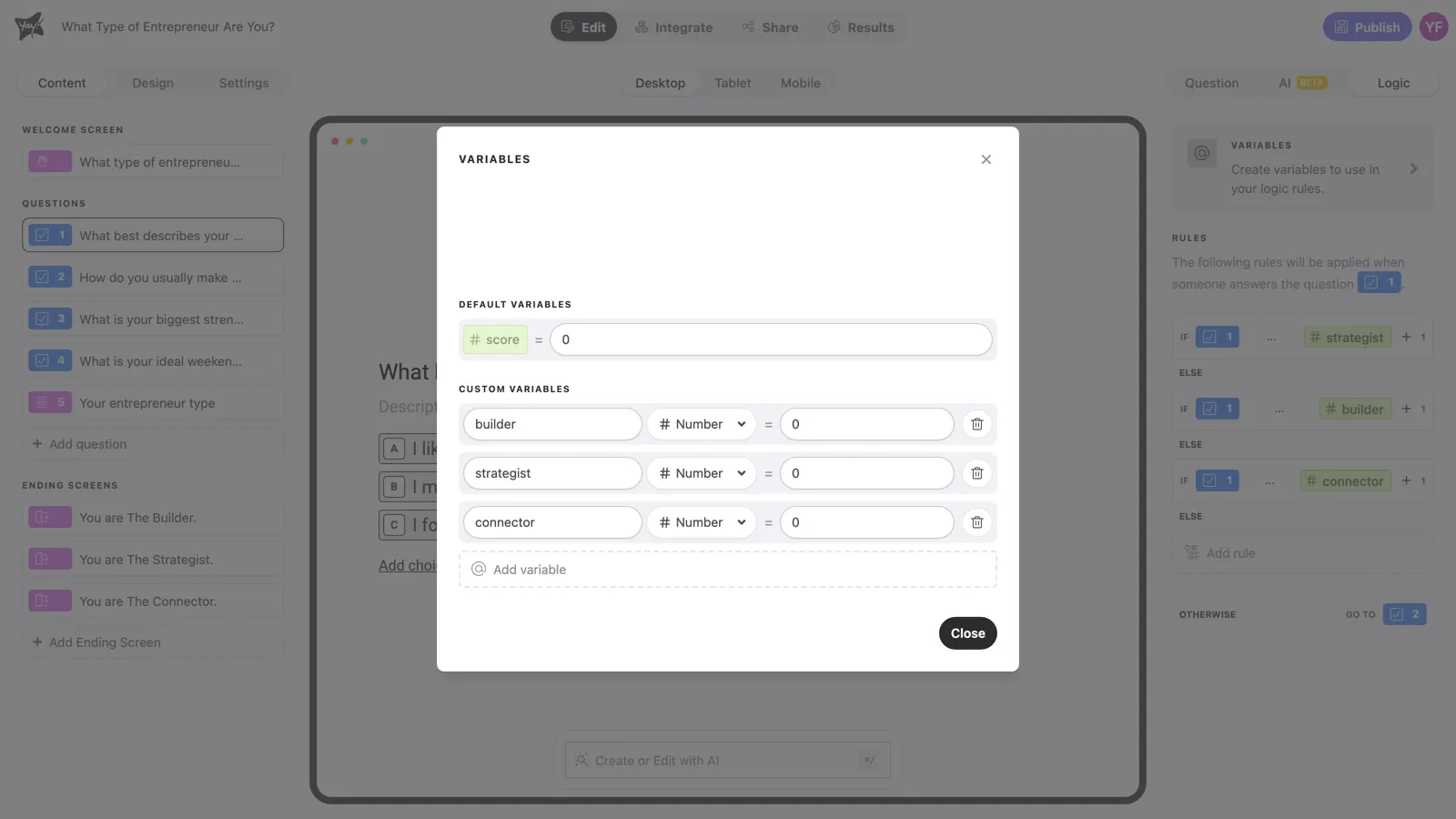 The variables manager with one variable per profile