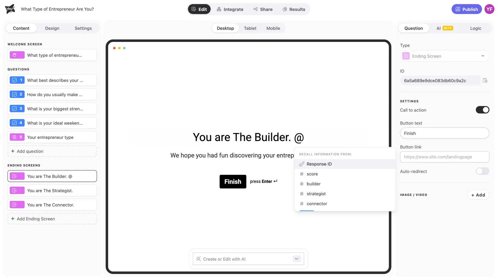 The mention menu open on an ending screen, listing score and the profile variables