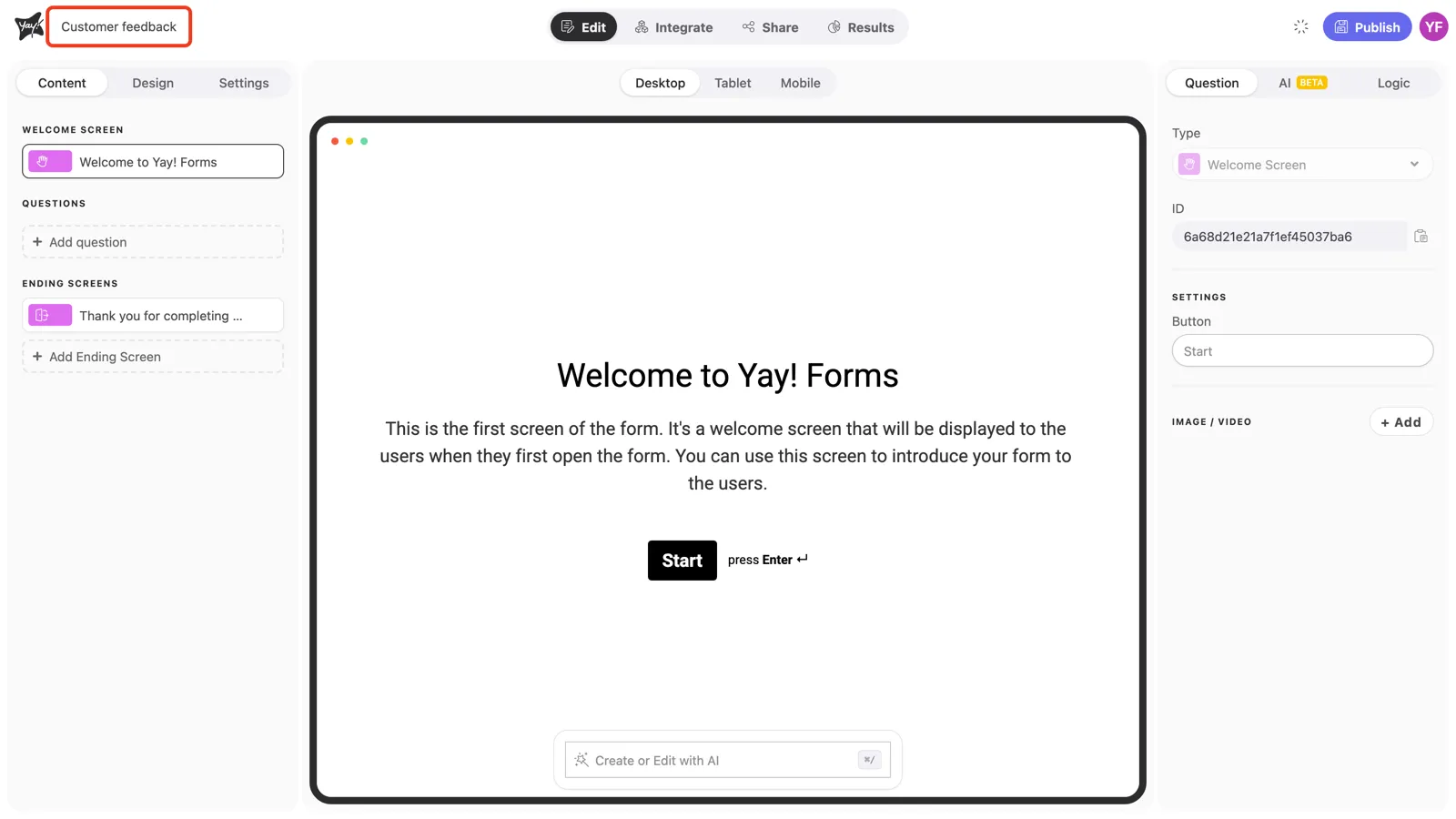 The form name highlighted at the top of the editor