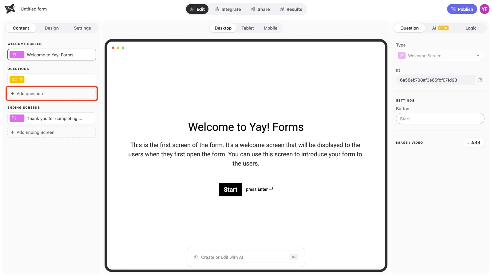 The Add question button highlighted in the left sidebar