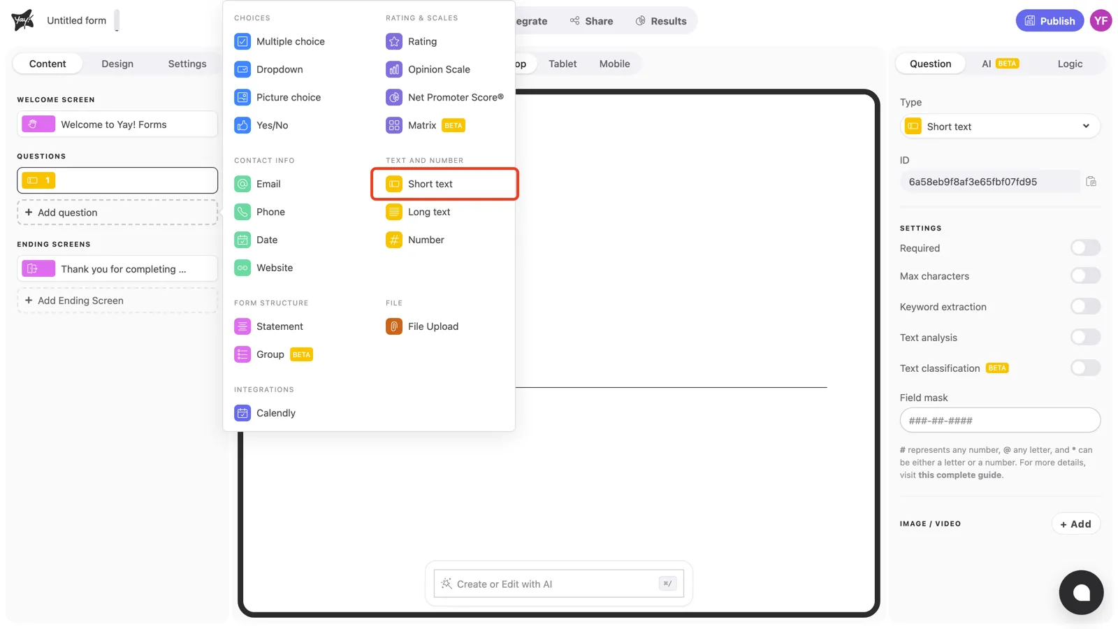 The question type menu with Short text highlighted
