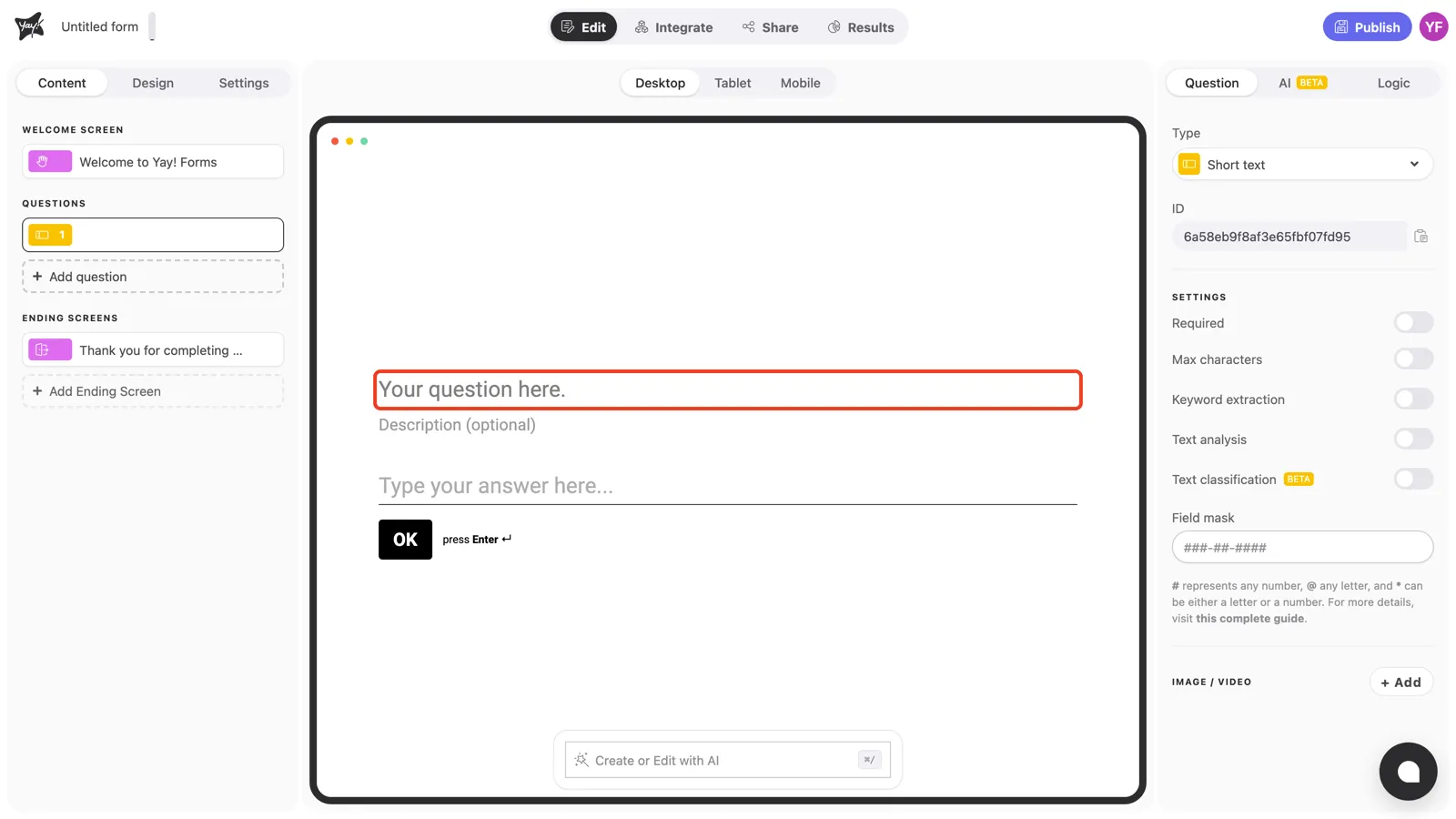 The question text field highlighted in the canvas