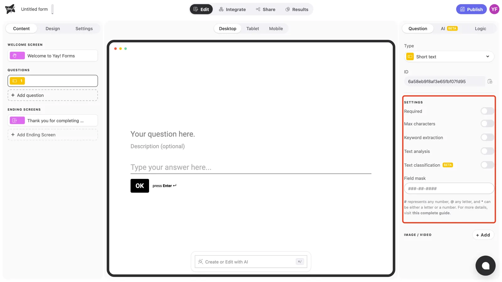 The Settings section of the question panel highlighted