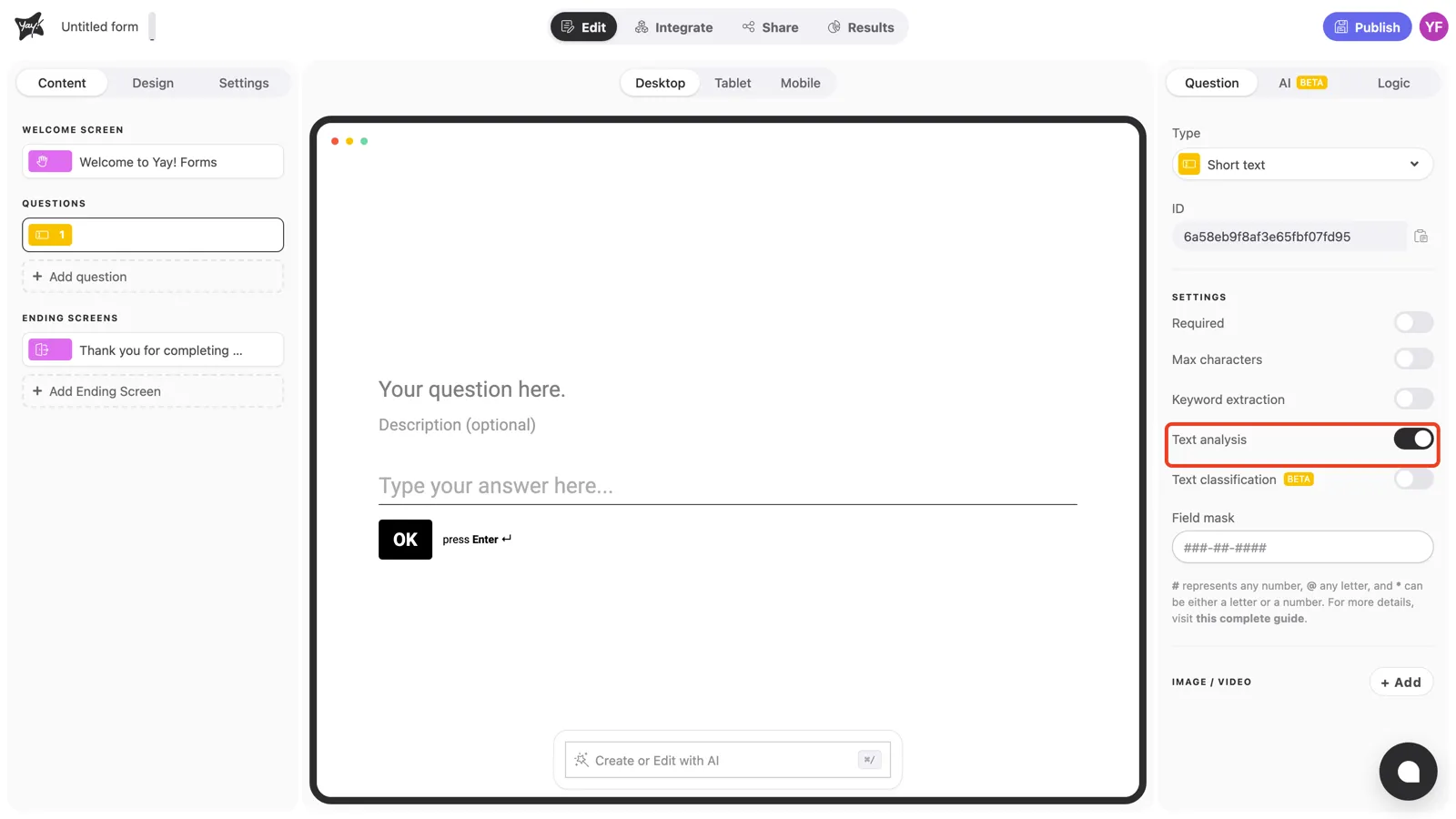 The Text analysis toggle on in the question settings