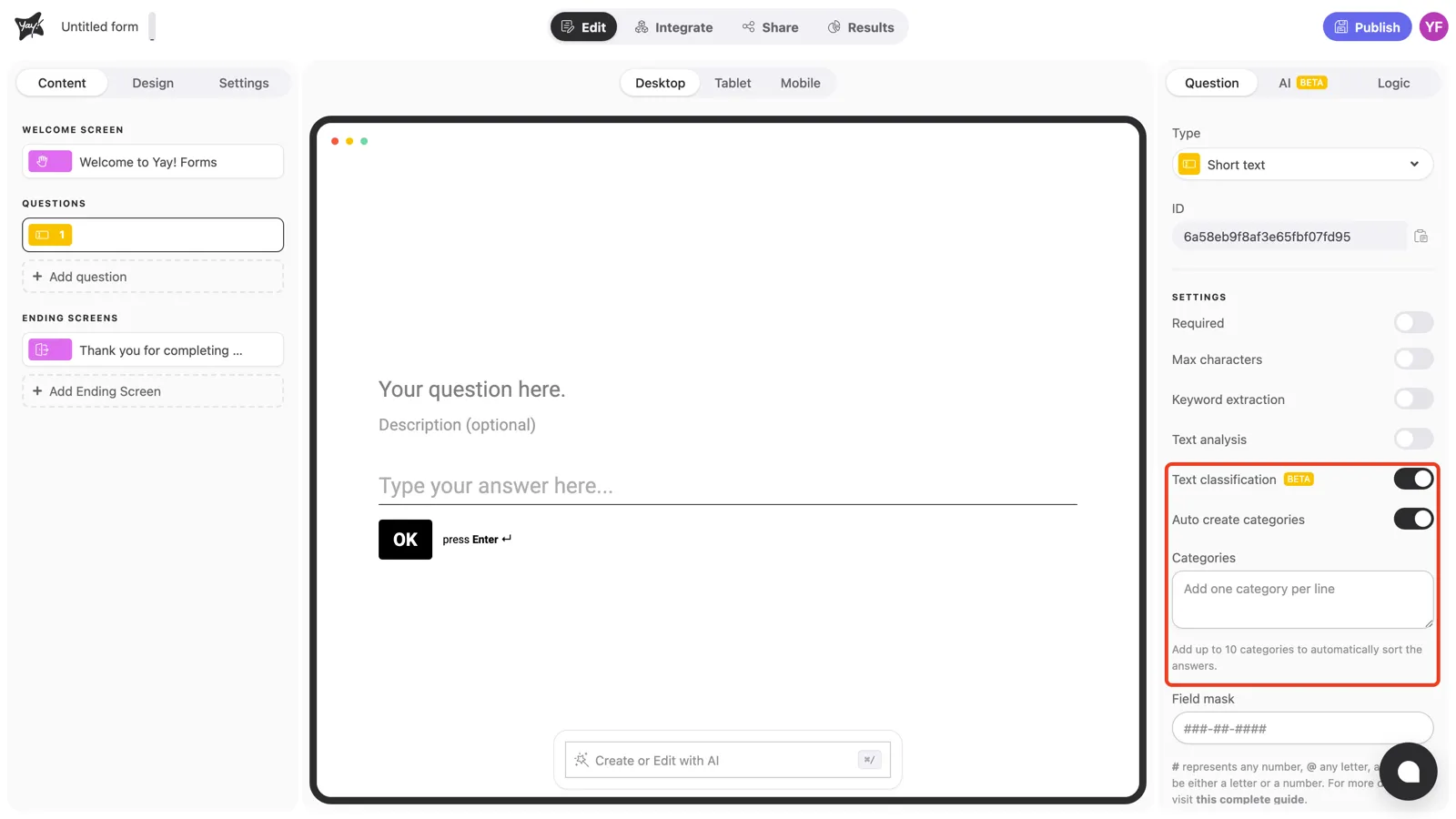 The Text classification toggle on, with Auto create categories and the Categories box
