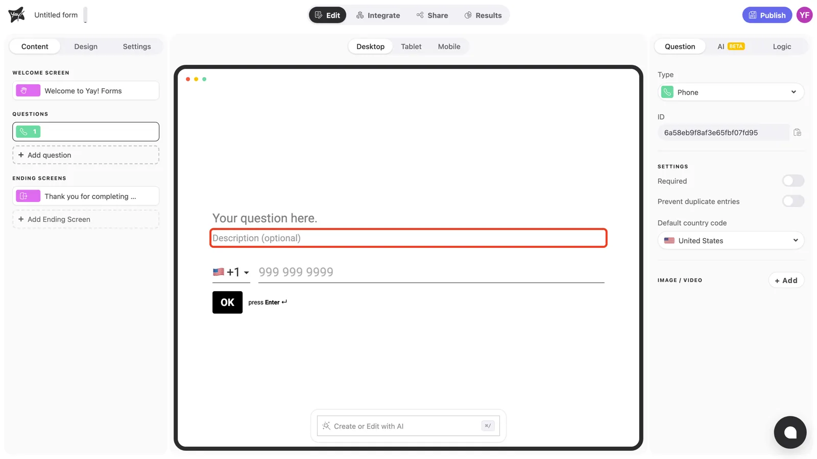 The optional description field highlighted in the canvas