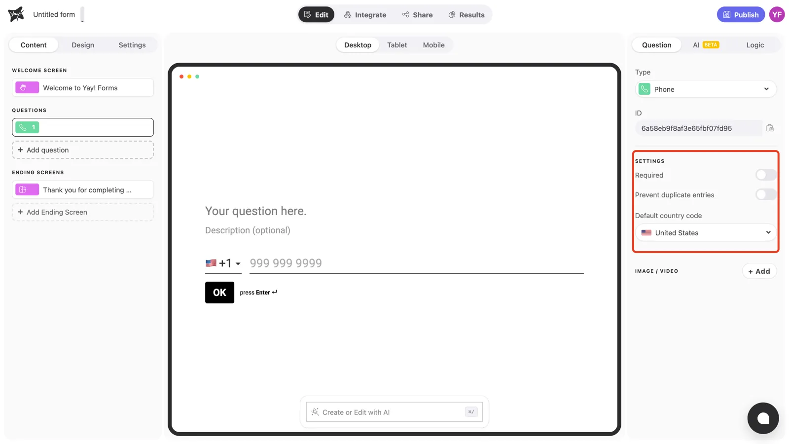 The Settings section of the question panel highlighted