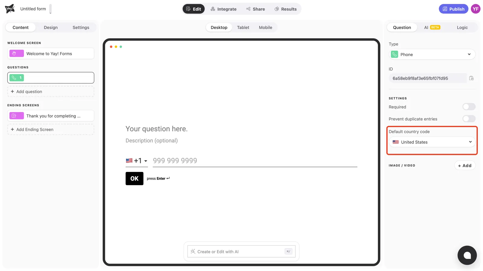 The Default country code setting highlighted in the question settings