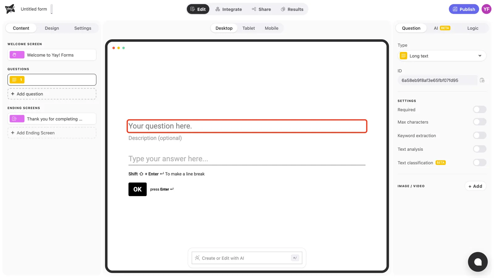The question text field highlighted in the canvas