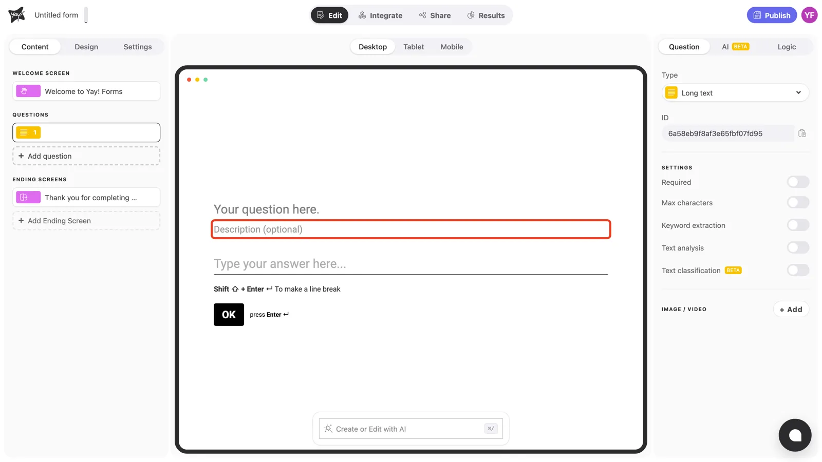 The optional description field highlighted in the canvas