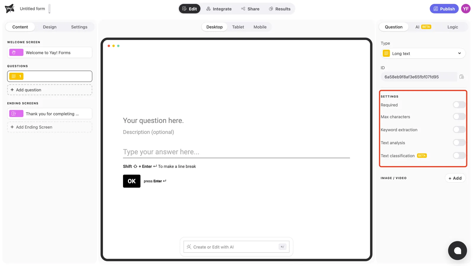 The Settings section of the question panel highlighted