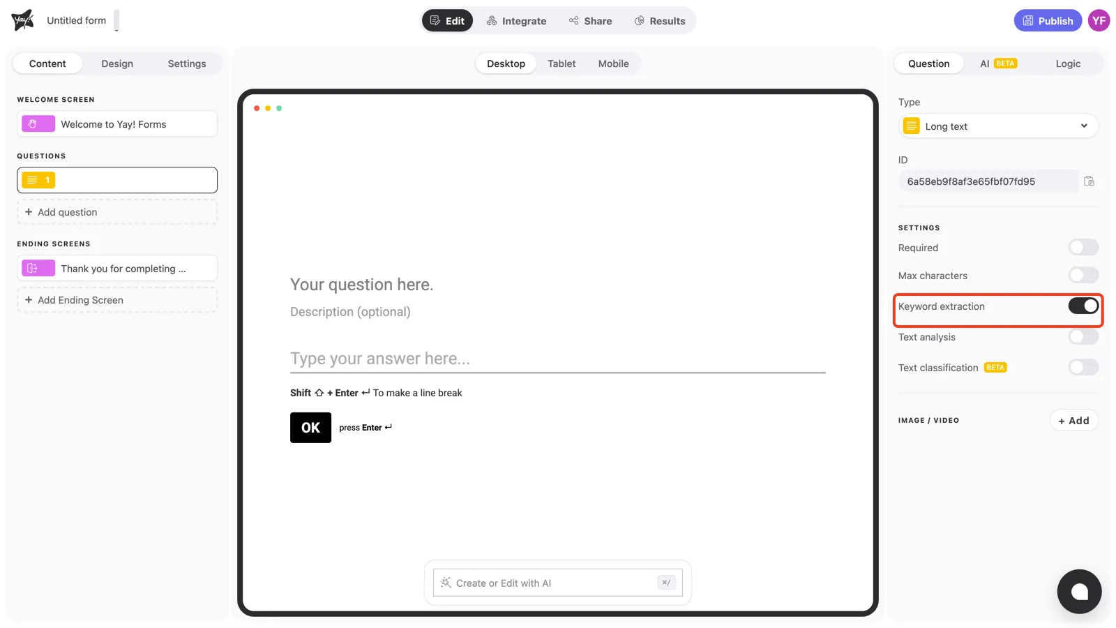 The Keyword extraction toggle on in the question settings