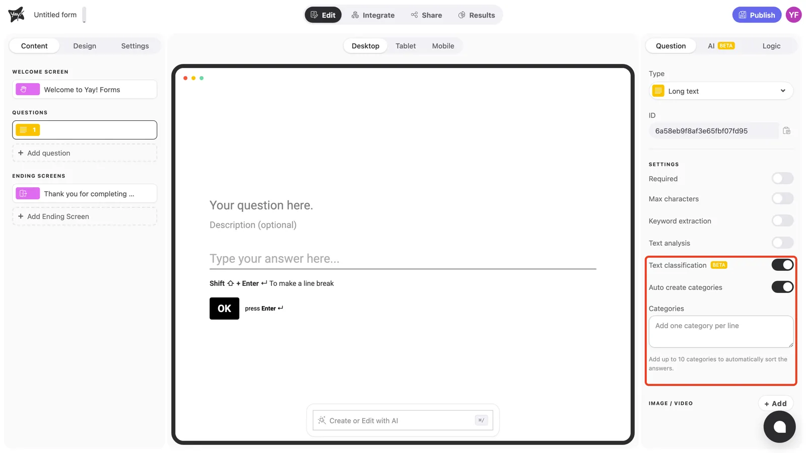 The Text classification toggle on, with Auto create categories and the Categories box