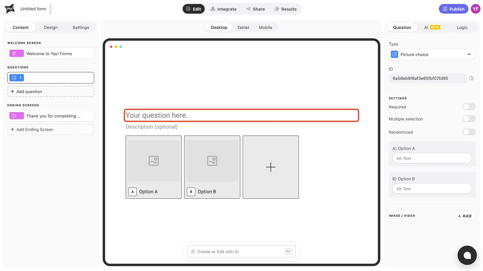 The question text field highlighted in the canvas