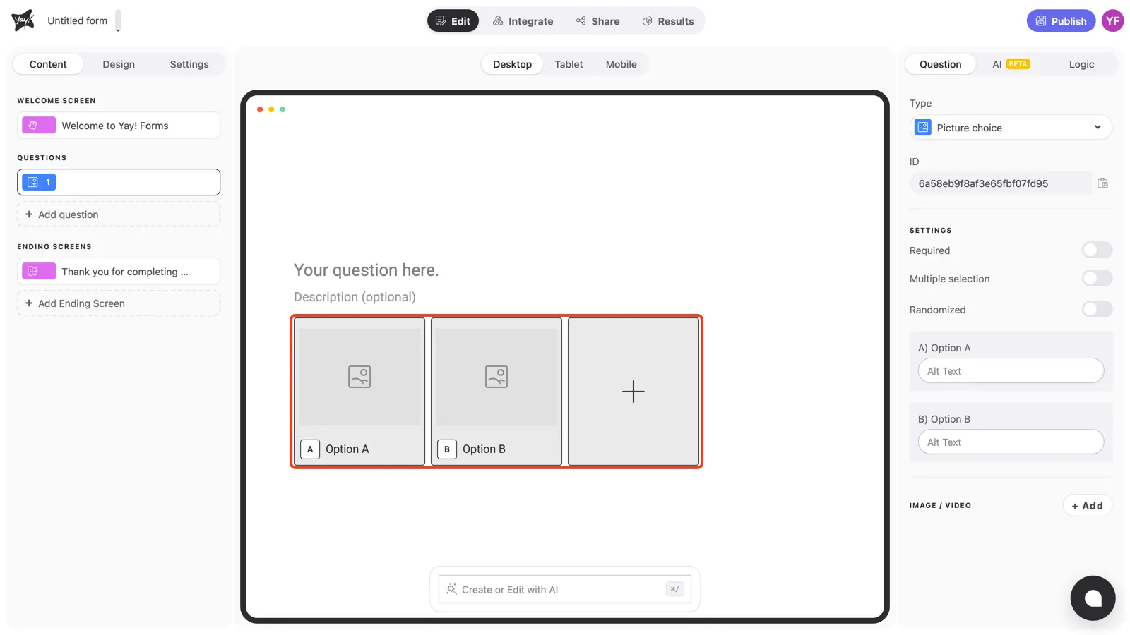 The option tiles and the add tile highlighted in the canvas