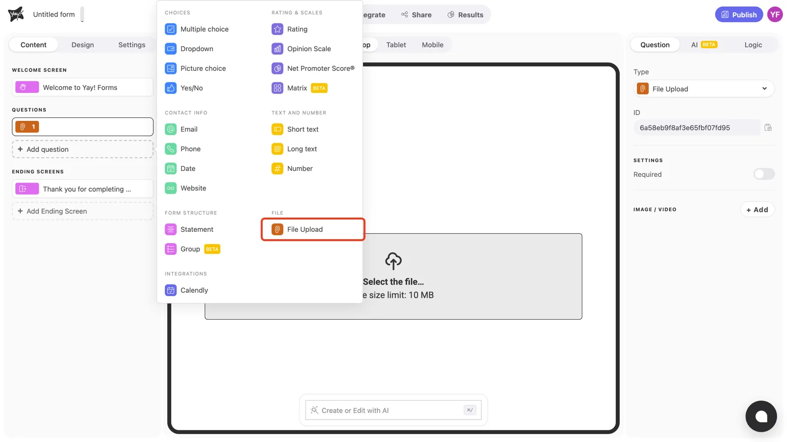 The question type menu with File Upload highlighted